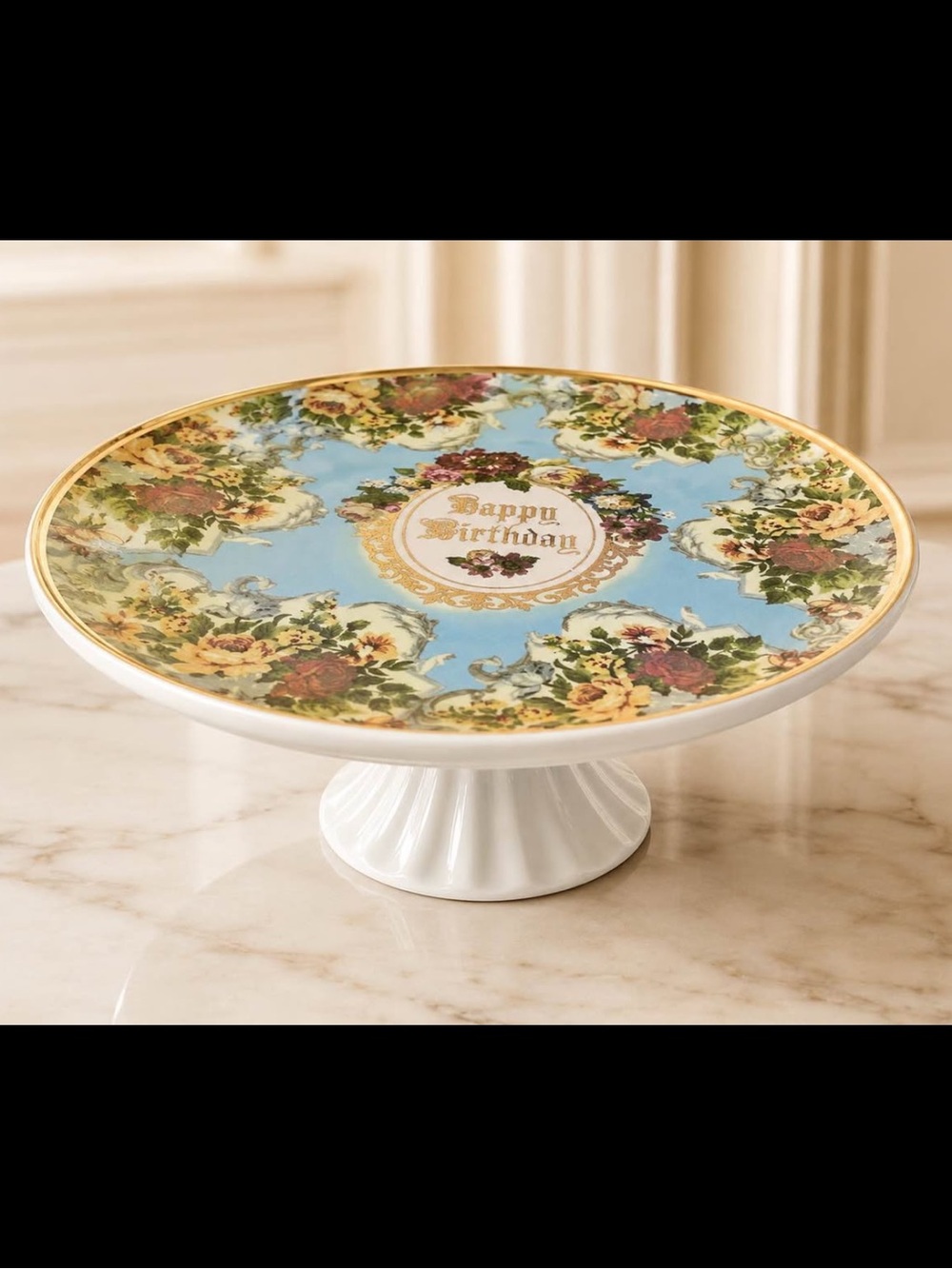 Victorian cake pedestal stand sky blue porcelain plate